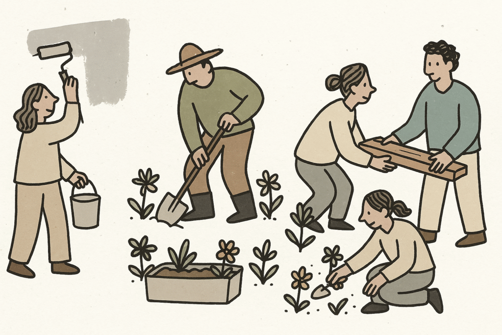 Illustration över personer som målar, fixar i trädgård och samarbetar