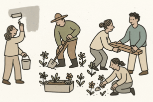 Illustration över personer som målar, fixar i trädgård och samarbetar