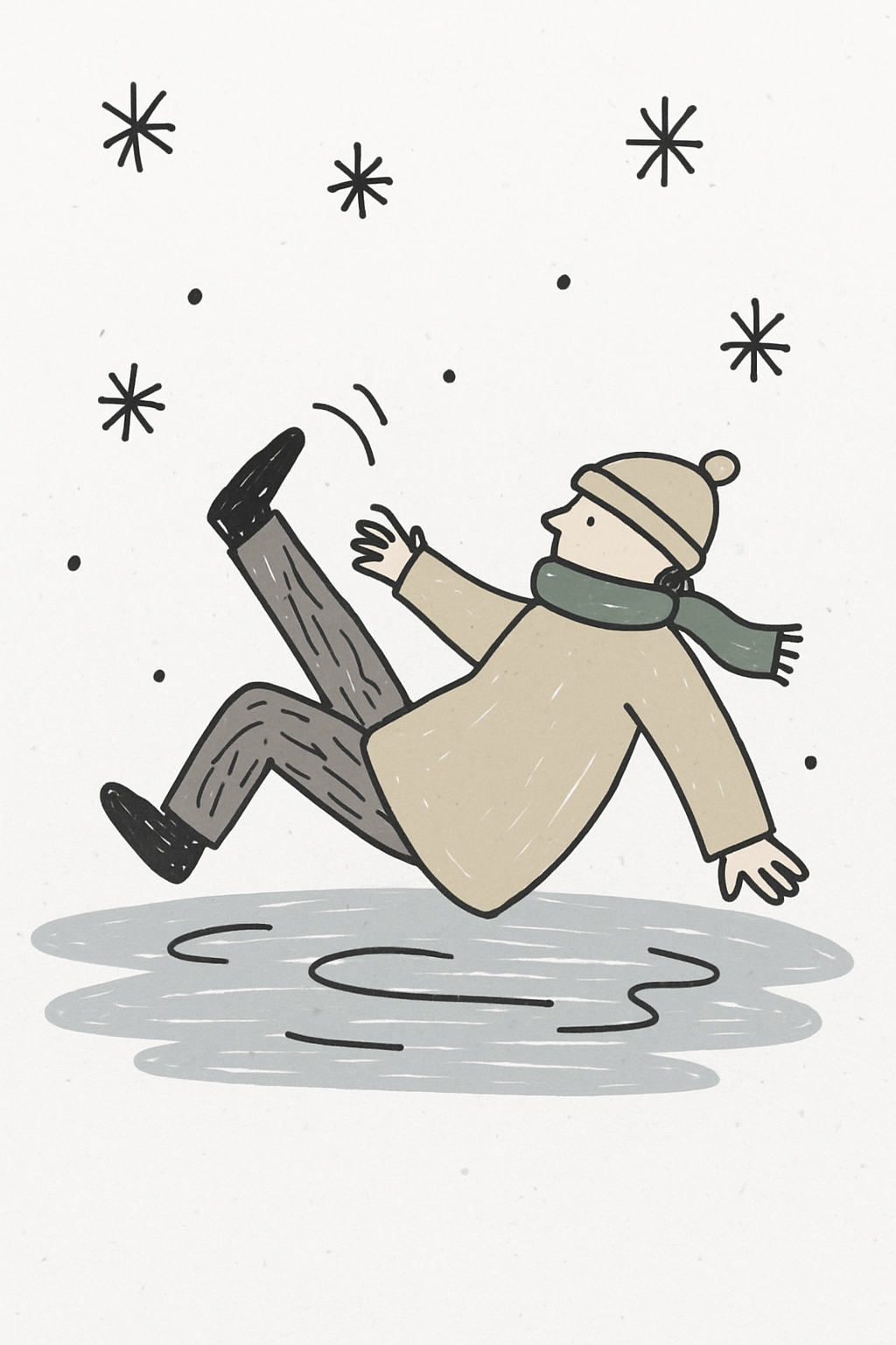 Person som halkar. Snöflingor i luften.